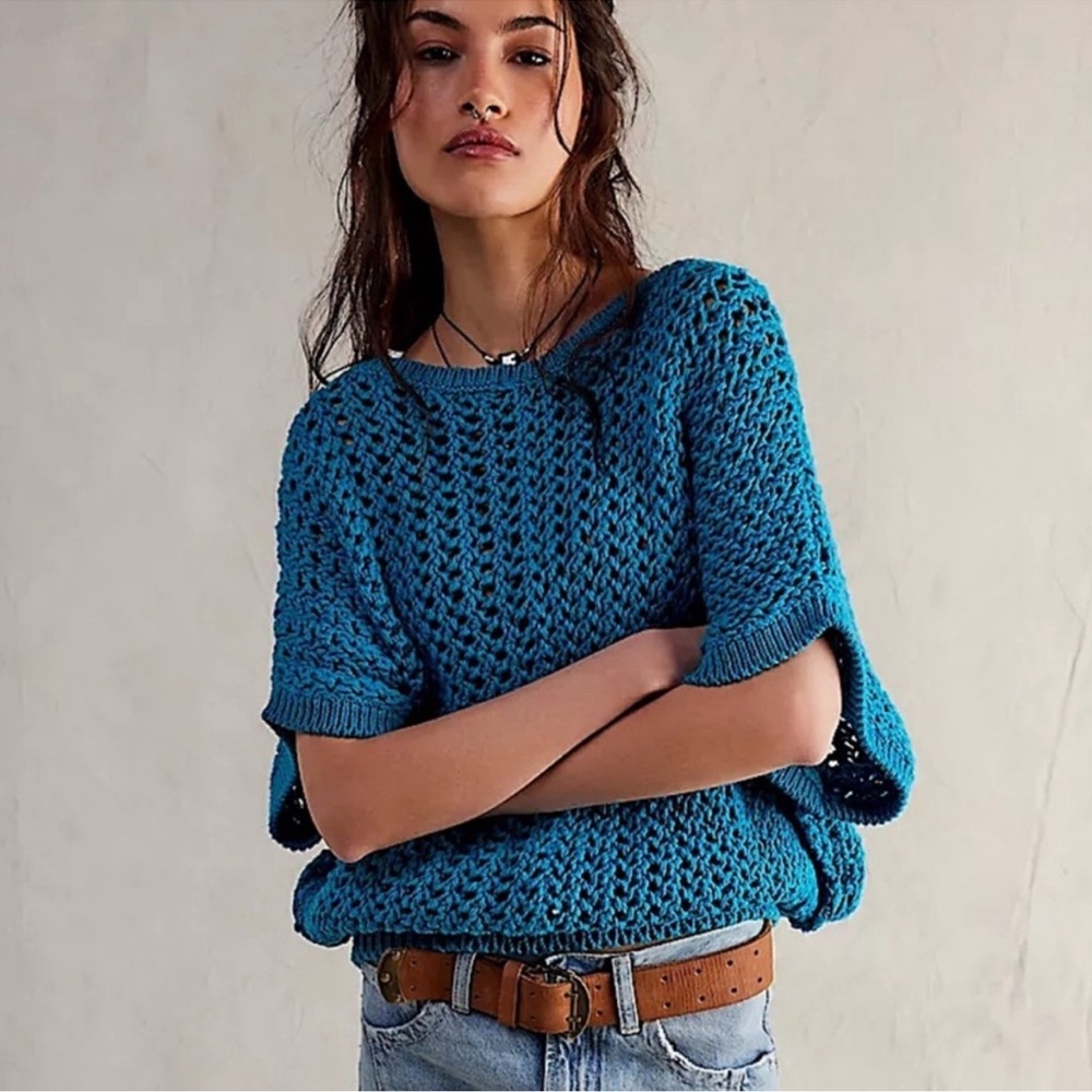 FREE PEOPLE WE THE FREE OCEAN PALACE BLUE SOPHIA SWEATER TEE TOP SZ XS